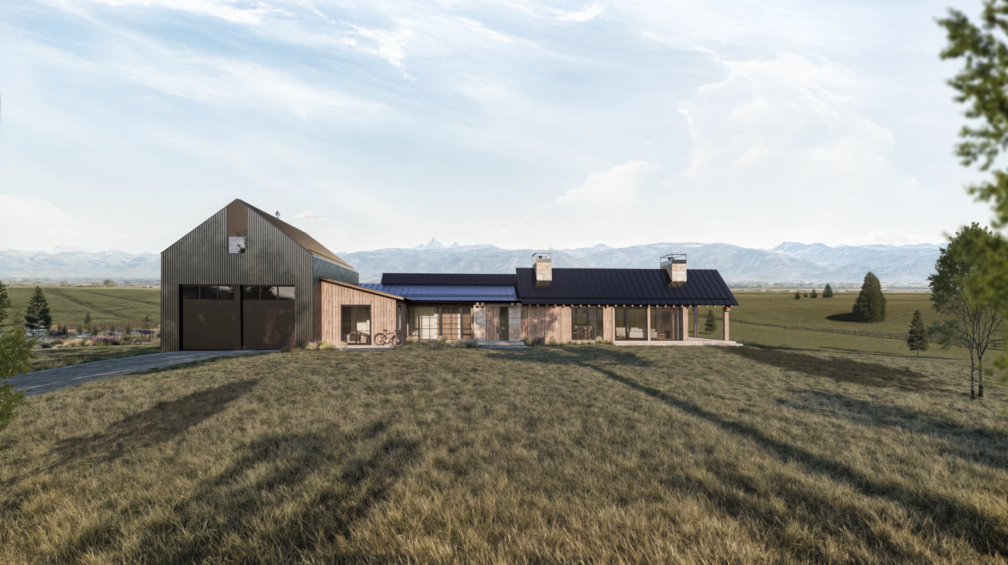 Photoreal exterior render of a modern farmhouse with a dark metal barn and timber wings, set in a meadow below snow-capped mountains