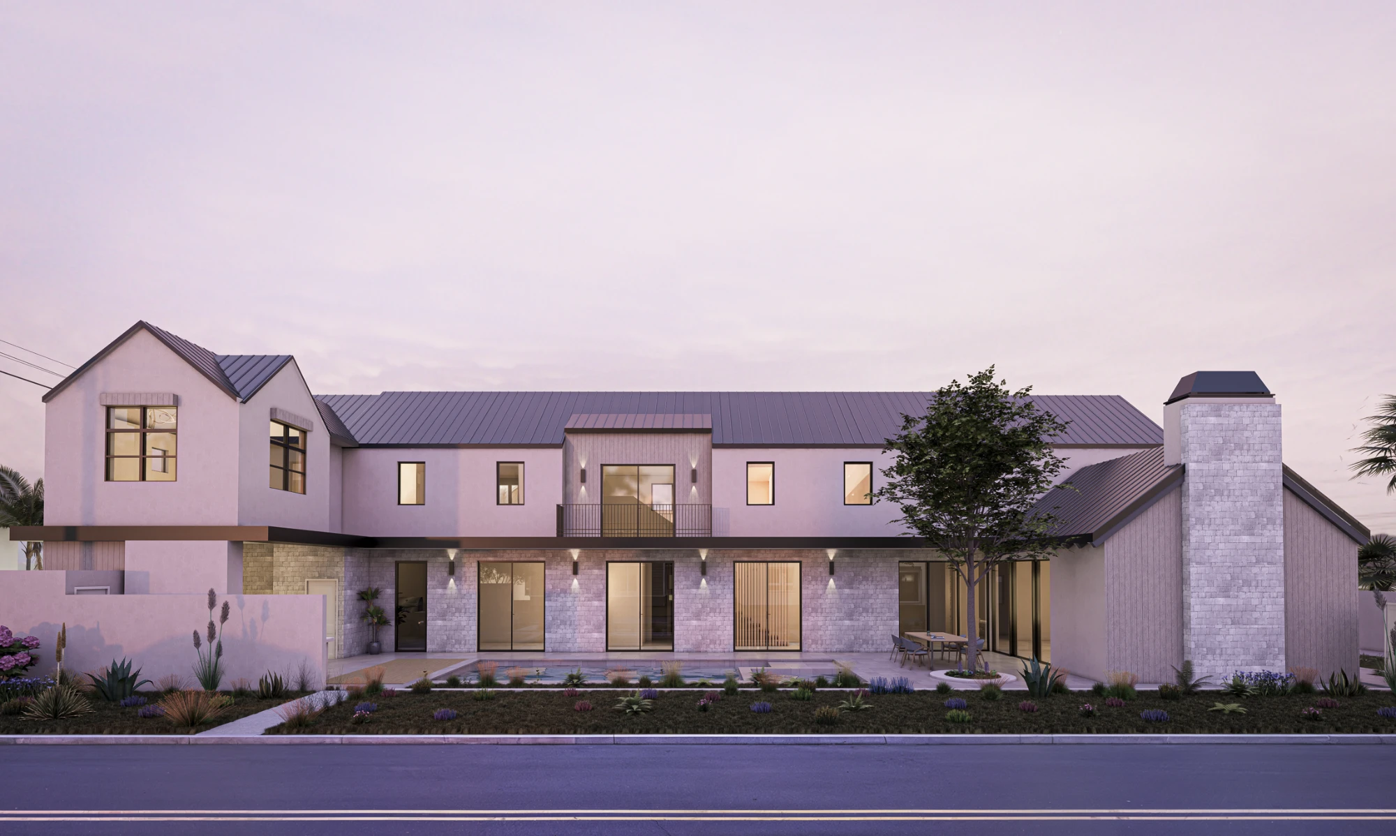 Dusk exterior render of a two-storey stucco and stone house with a pool and metal roof