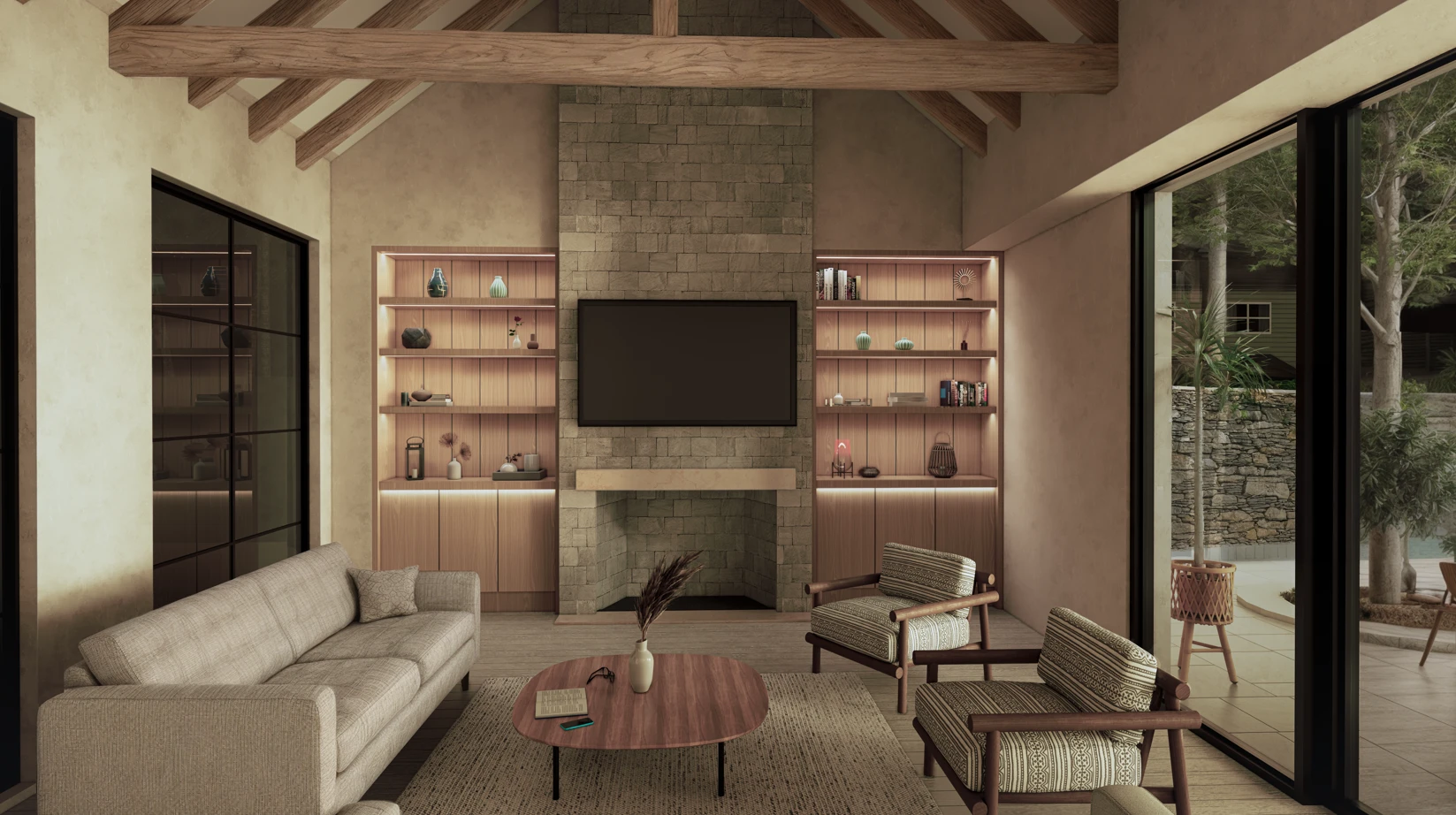 Interior render of a living room with exposed timber beams and a stone fireplace