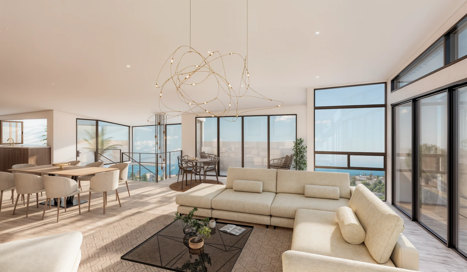 Interior render of a bright living room with a sculptural chandelier and floor-to-ceiling windows